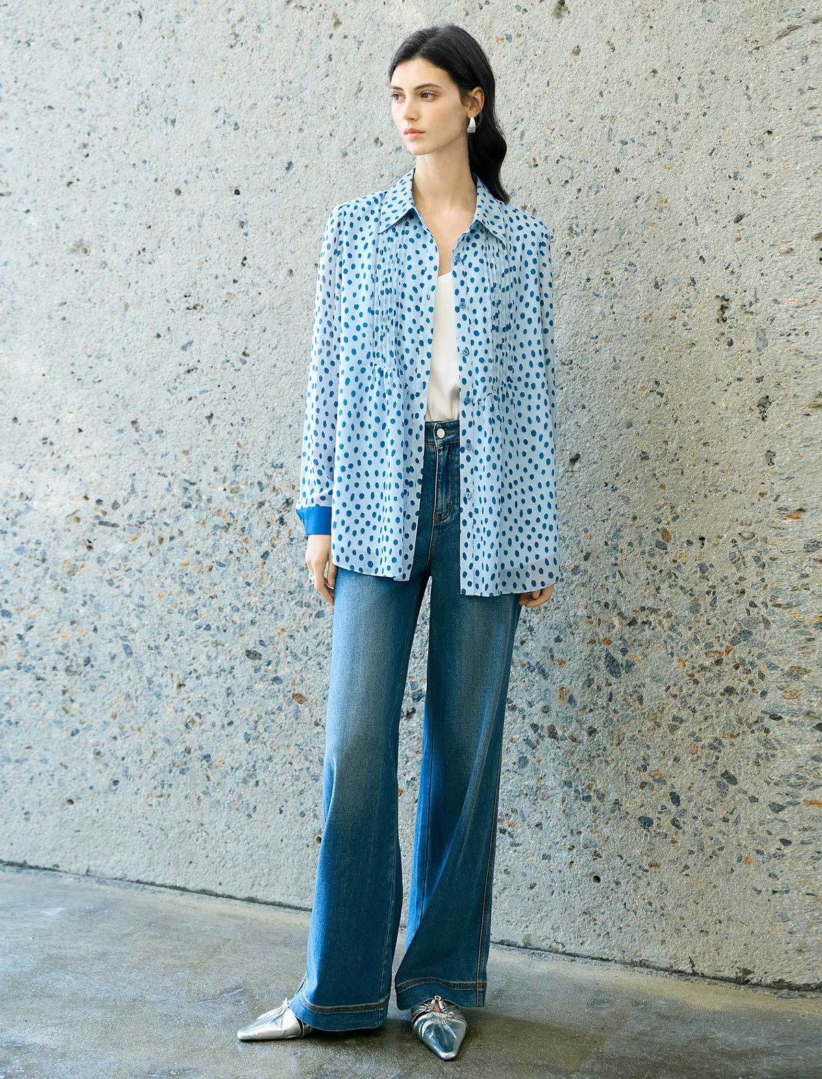 Light Blue Polka Dot Belted Shirt