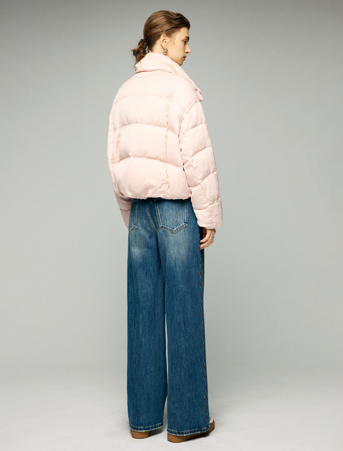 Textured Stand-Collar Zip-Front Cropped Puffer Jacket