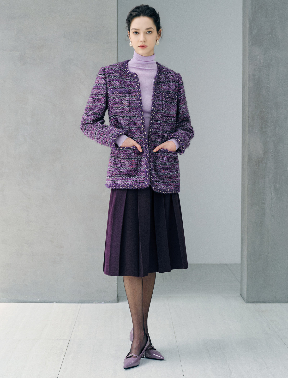 Wool Blend Textured Braided Trim Open-Front Jacket