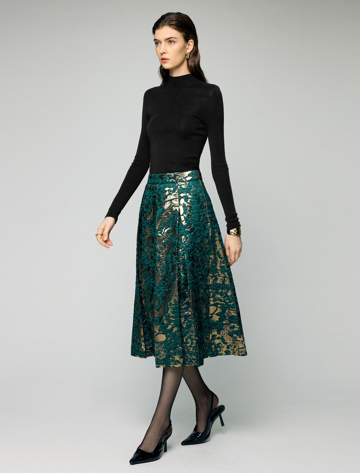 Metallic Floral High-Waist A-Line Midi Skirt