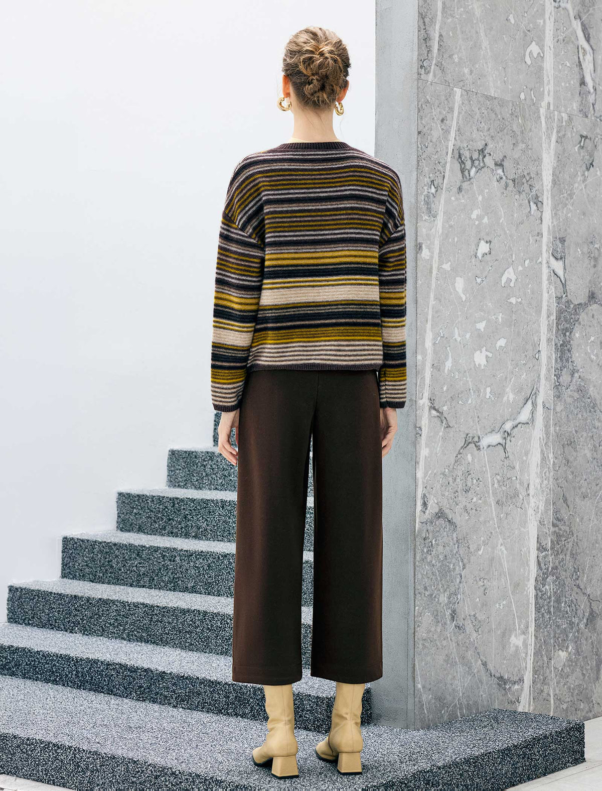 Wool Blend Striped Drop-Shoulder Button Cardigan