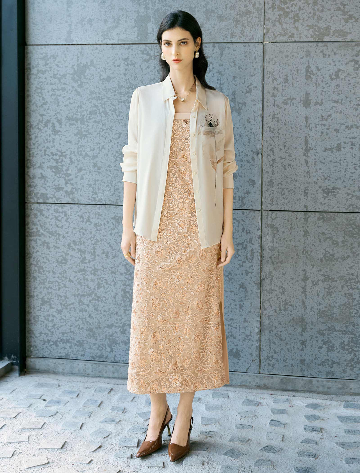 Champagne Sequin Embroidered Slip Midi Dress