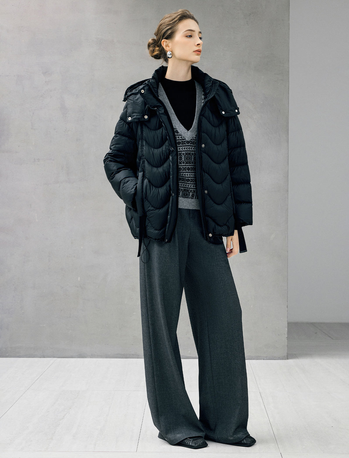 Wave-Quilted Hooded Drawstring Cropped Puffer Jacket
