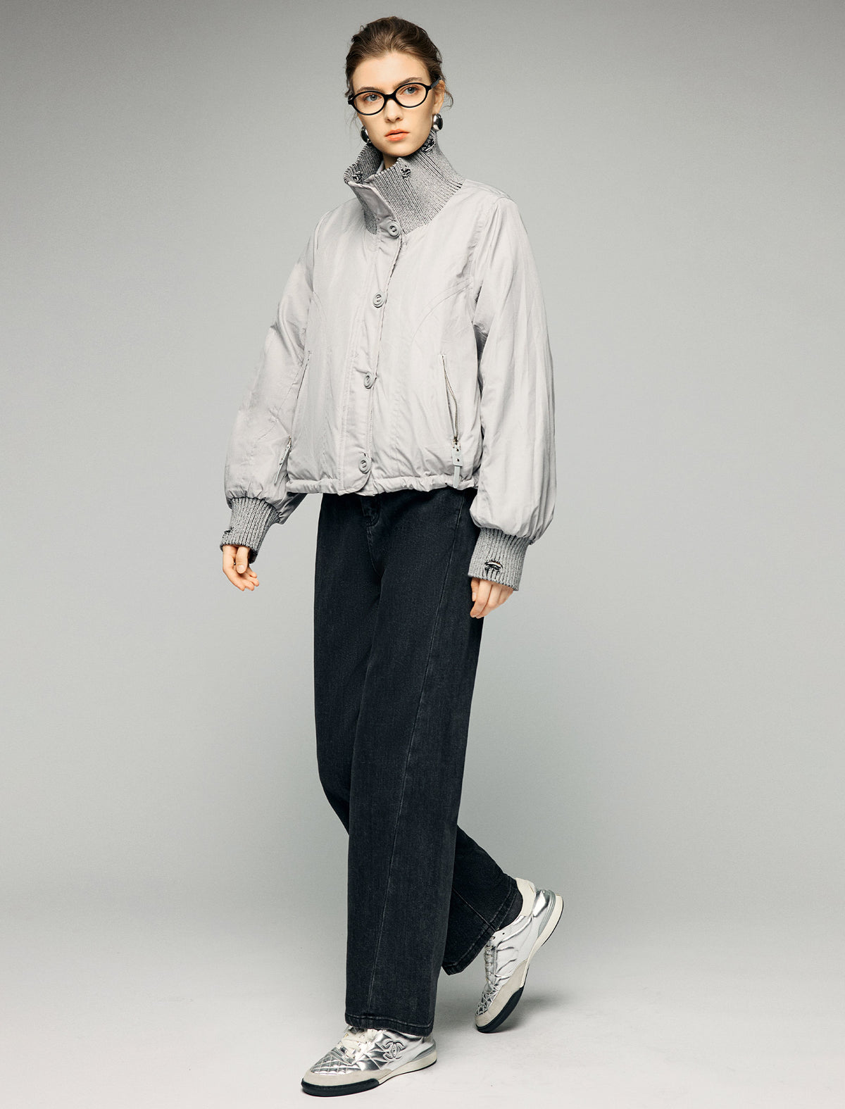 Textured-Trim Contrast-Collar Button-Front Puffer Jacket
