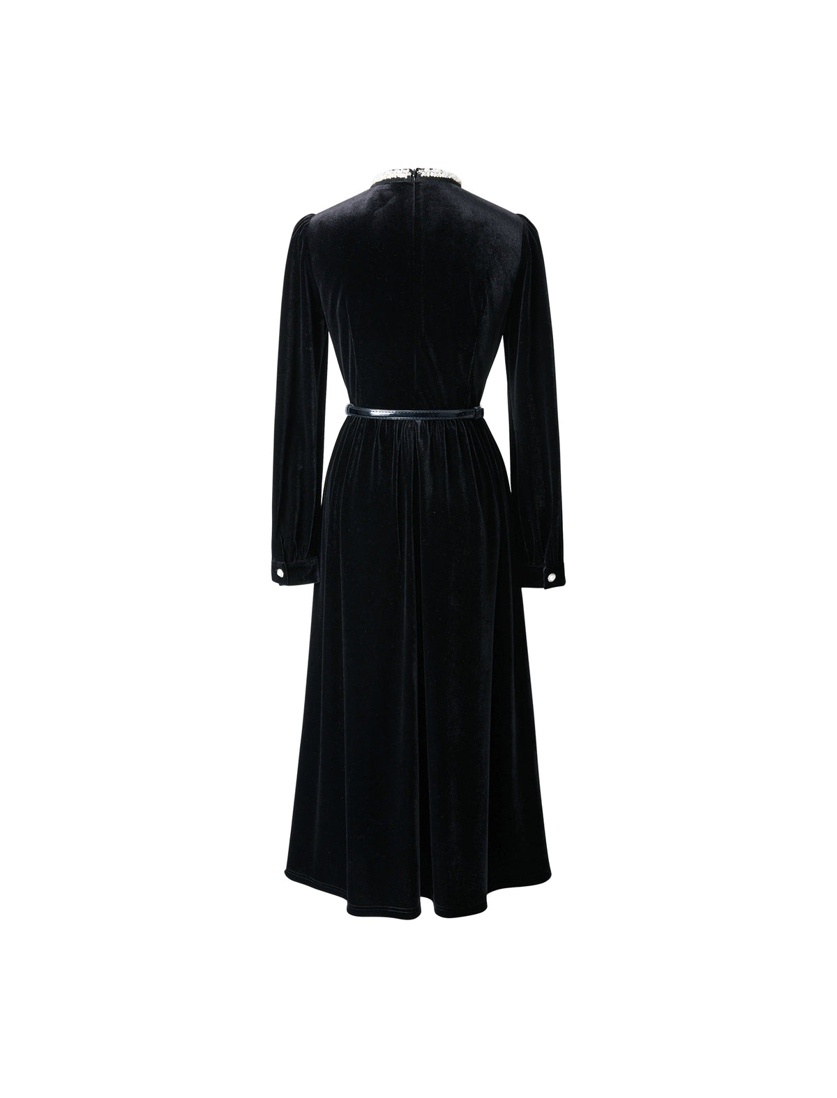 Velvet-Trim Crewneck Fitted Dress