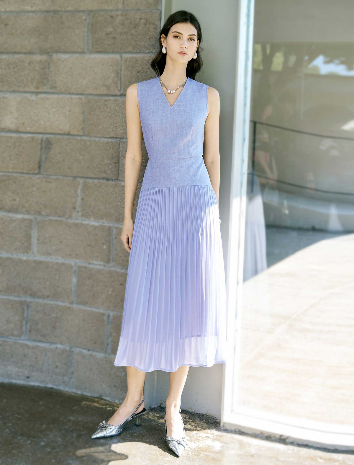 V-Neck Pleated Midi Dress