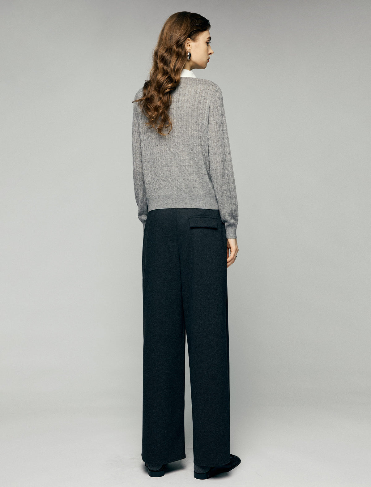 Wool Blend Cable-Knit V-Neck Button-Front Cardigan