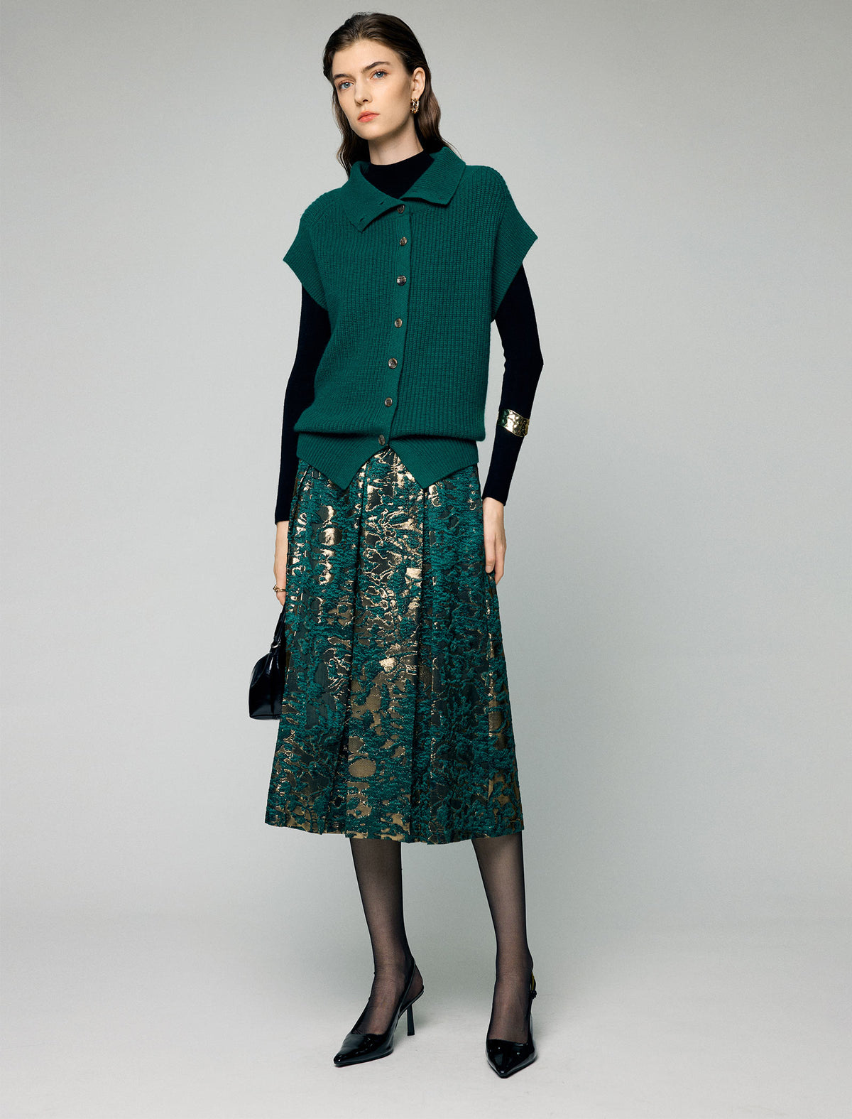 Metallic Floral High-Waist A-Line Midi Skirt
