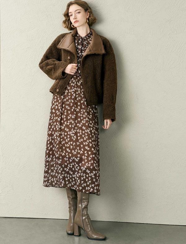 Coffee Reversible Faux Shearling Cropped Jacket