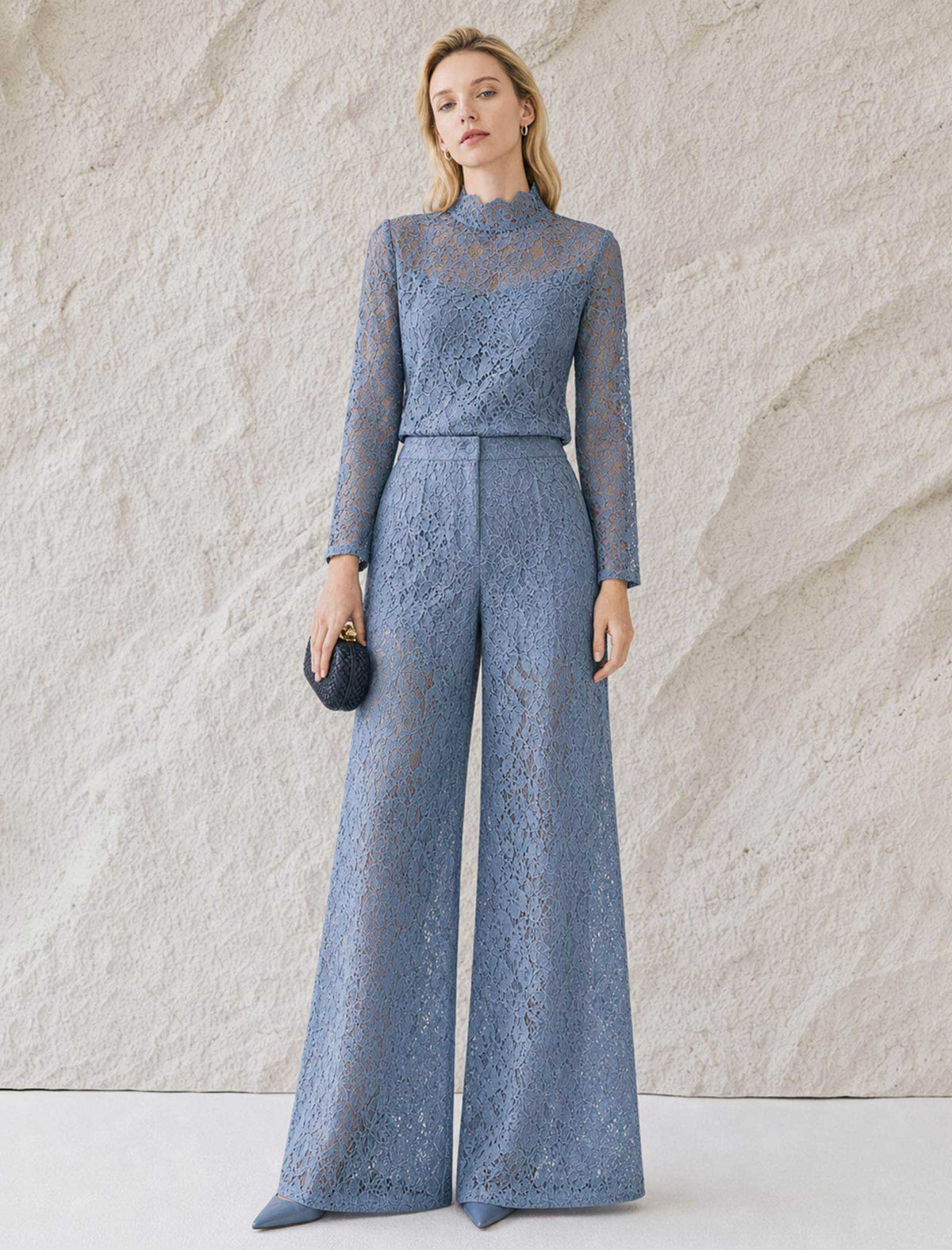 Dusty Blue Lace Wide-Leg Pants