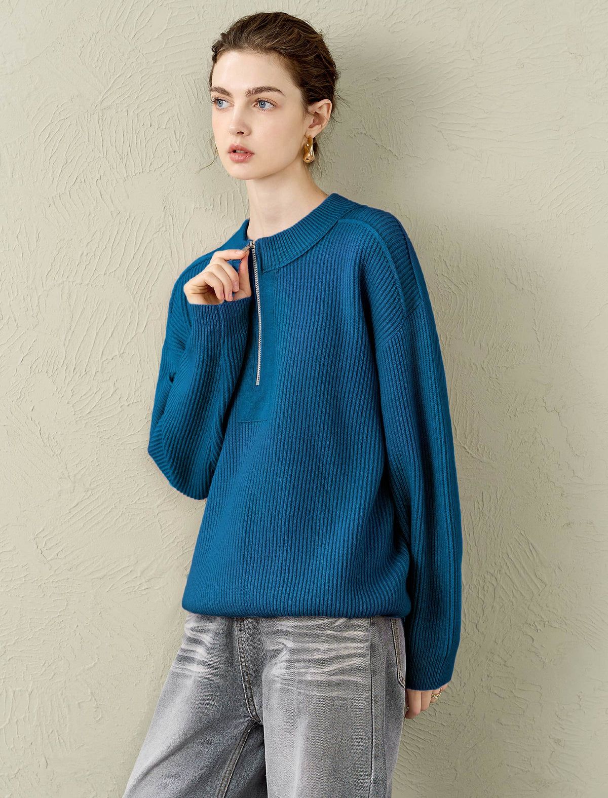 Half-Zip 100% Wool Ribbed Sweater