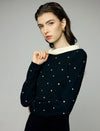 Wool Blend Polka Dot Contrast-Collar Fitted Top