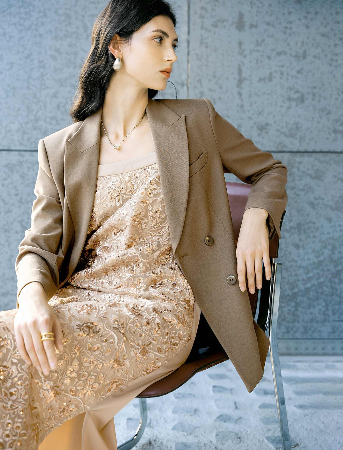 Champagne Sequin Embroidered Slip Midi Dress