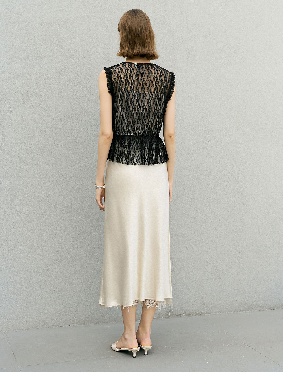Solid Color Lace Hem Midi Skirt
