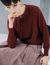 Vintage Pearl Trim Tie Neck Knit Top