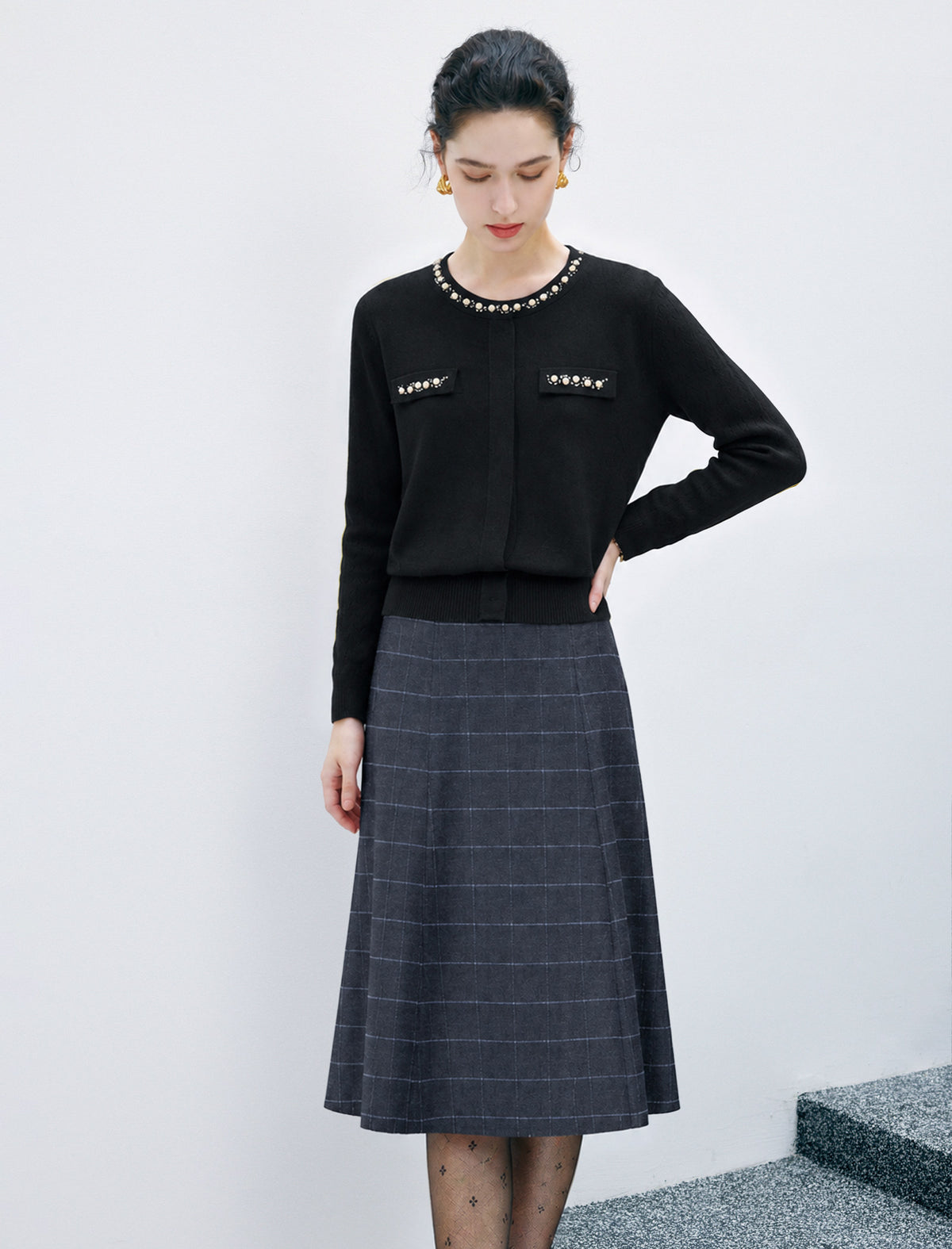 Wool Blend Plaid A-Line Skirt