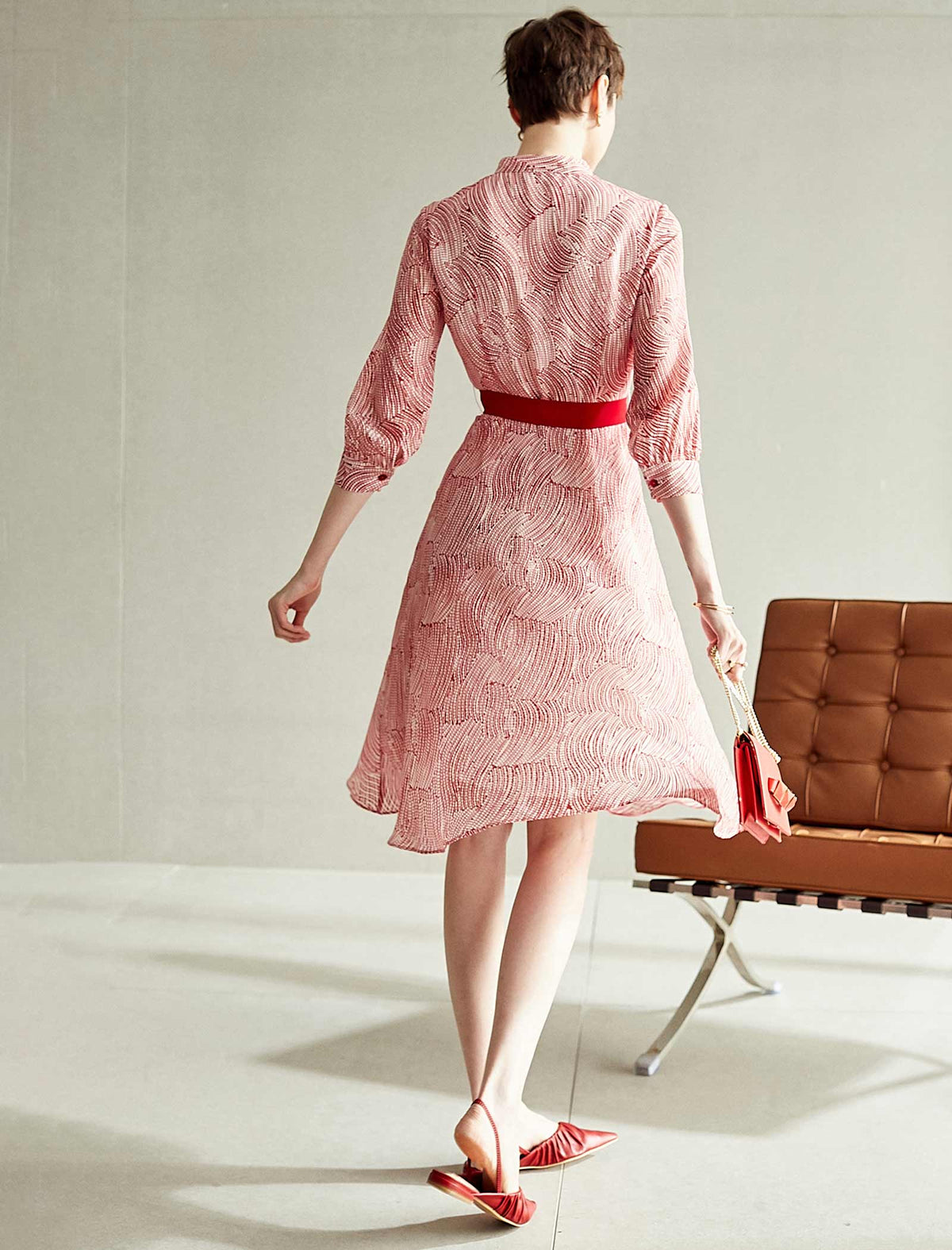 Wave-Print Red Sash Midi Dress