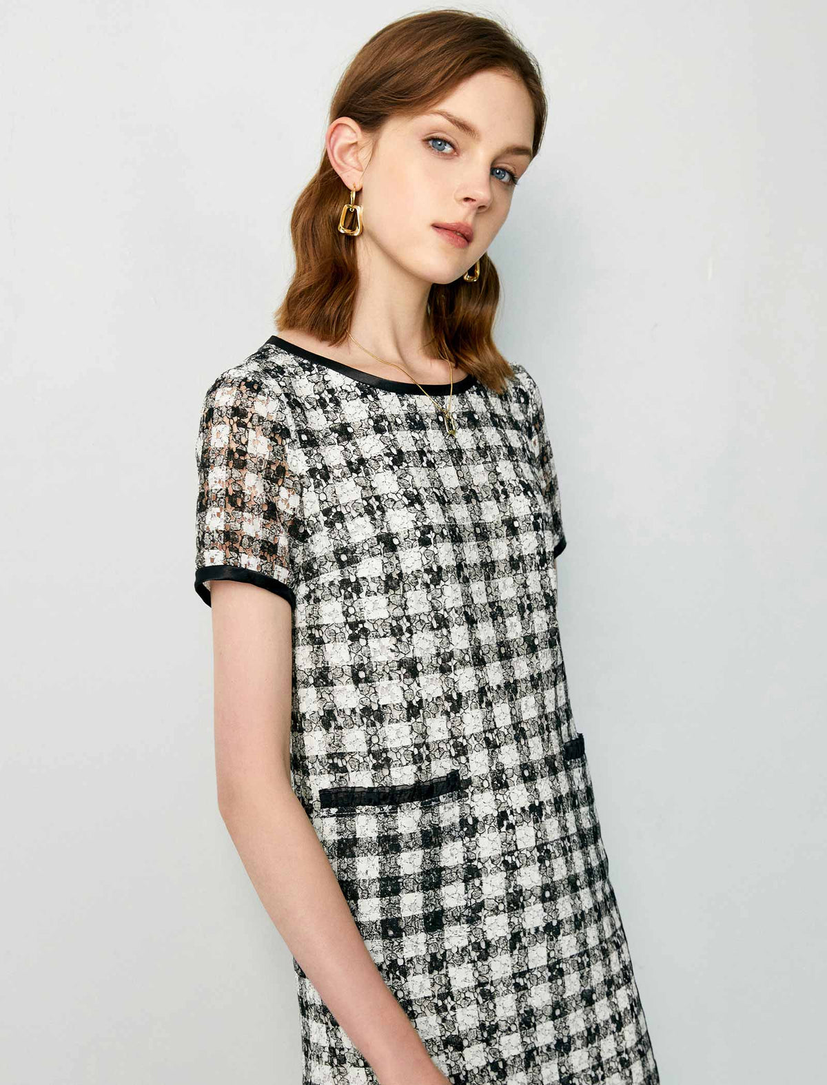 Plaid Lace Straight Short Sleeve Dress