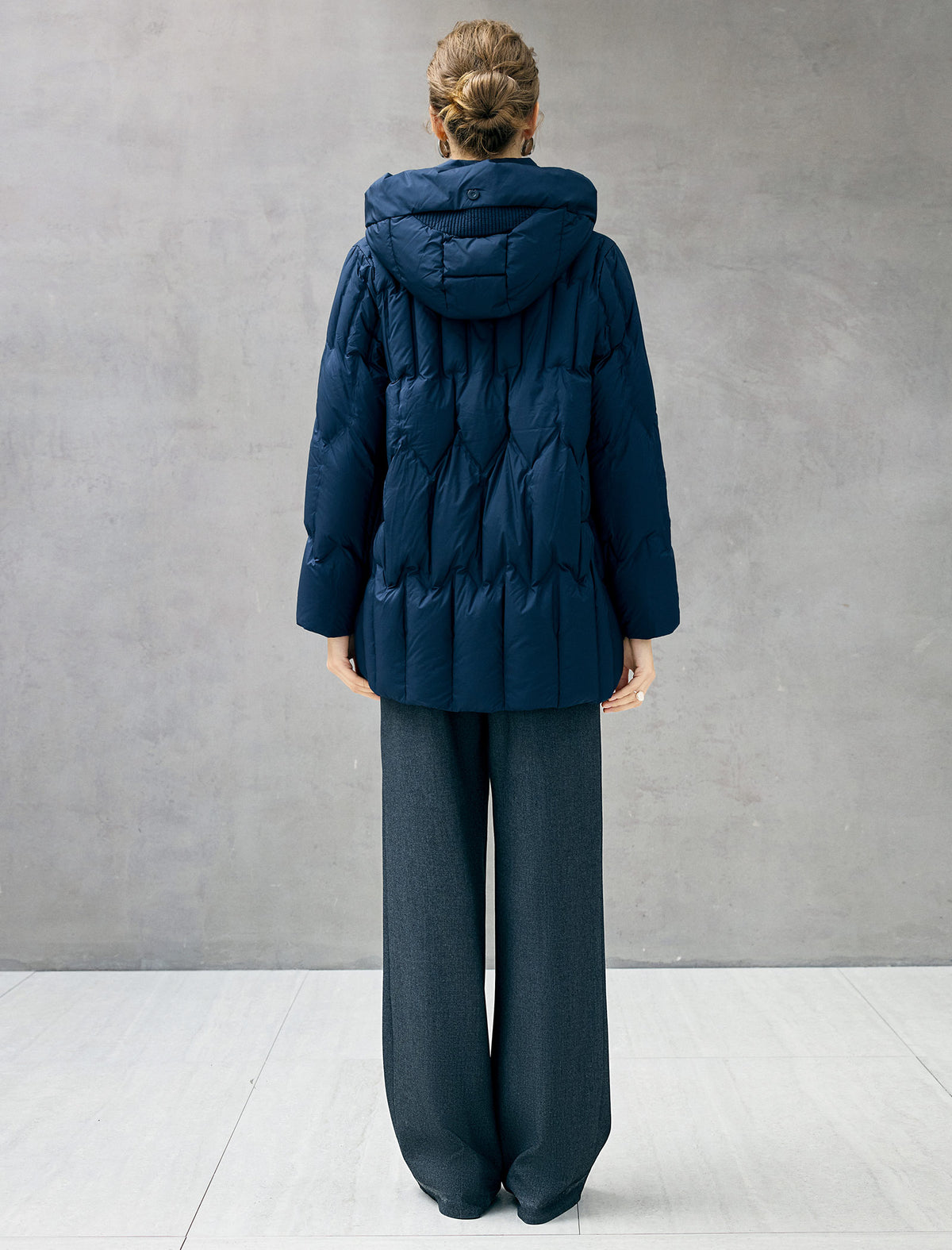 Hooded Seamless-Quilted Zip-Front Mid-Length Puffer Coat