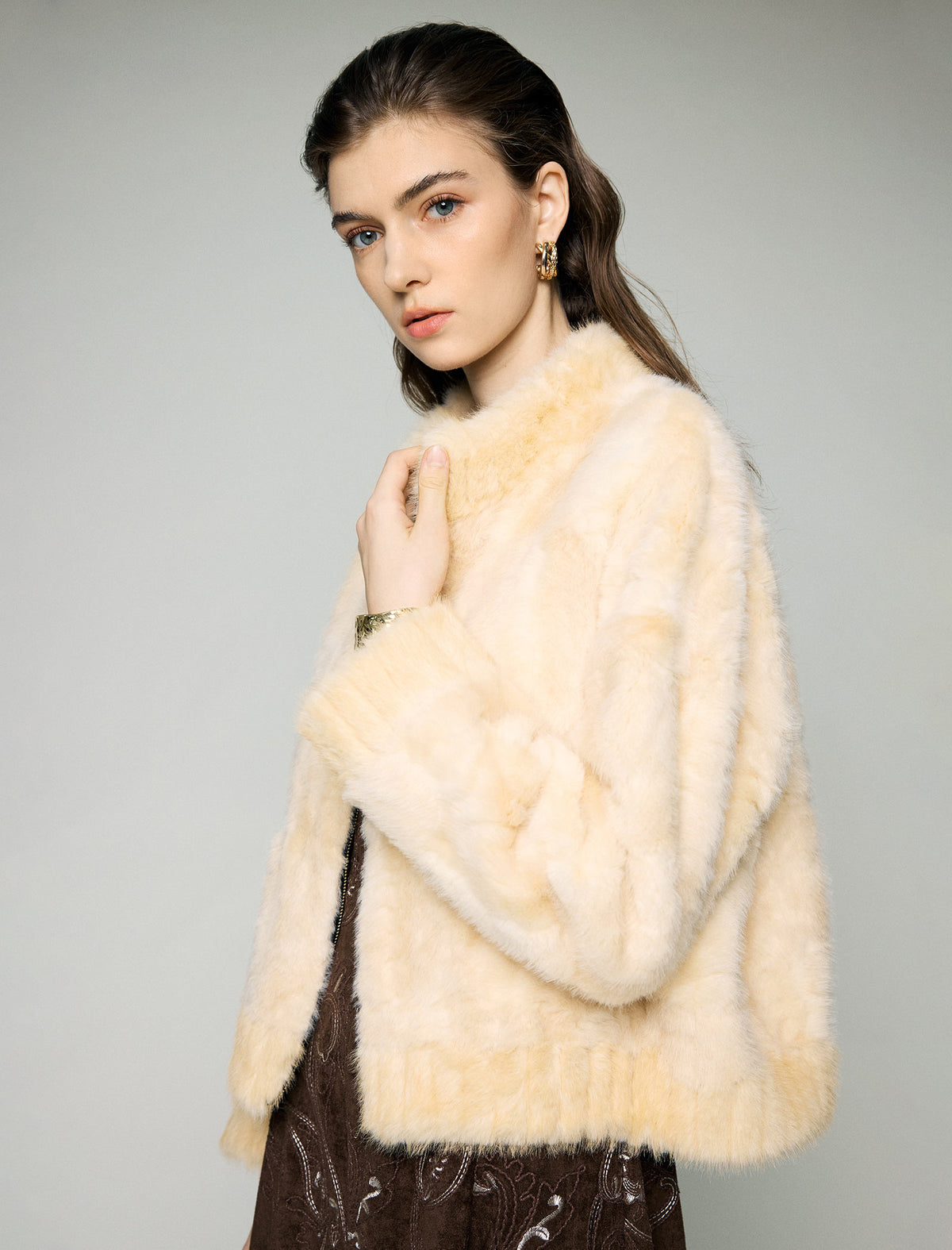 Stand-Collar Ribbed-Cuff Zip-Front Cropped Jacket
