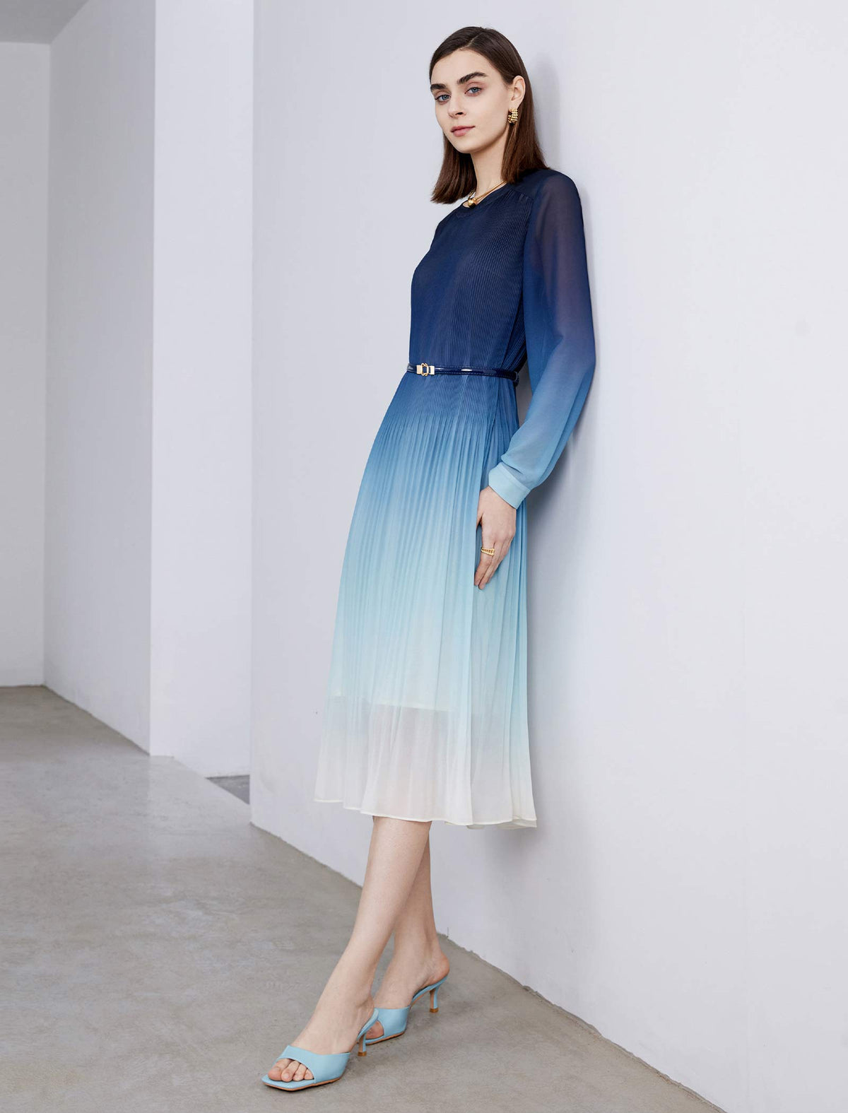 Blue Ombre Pleated Midi Dress