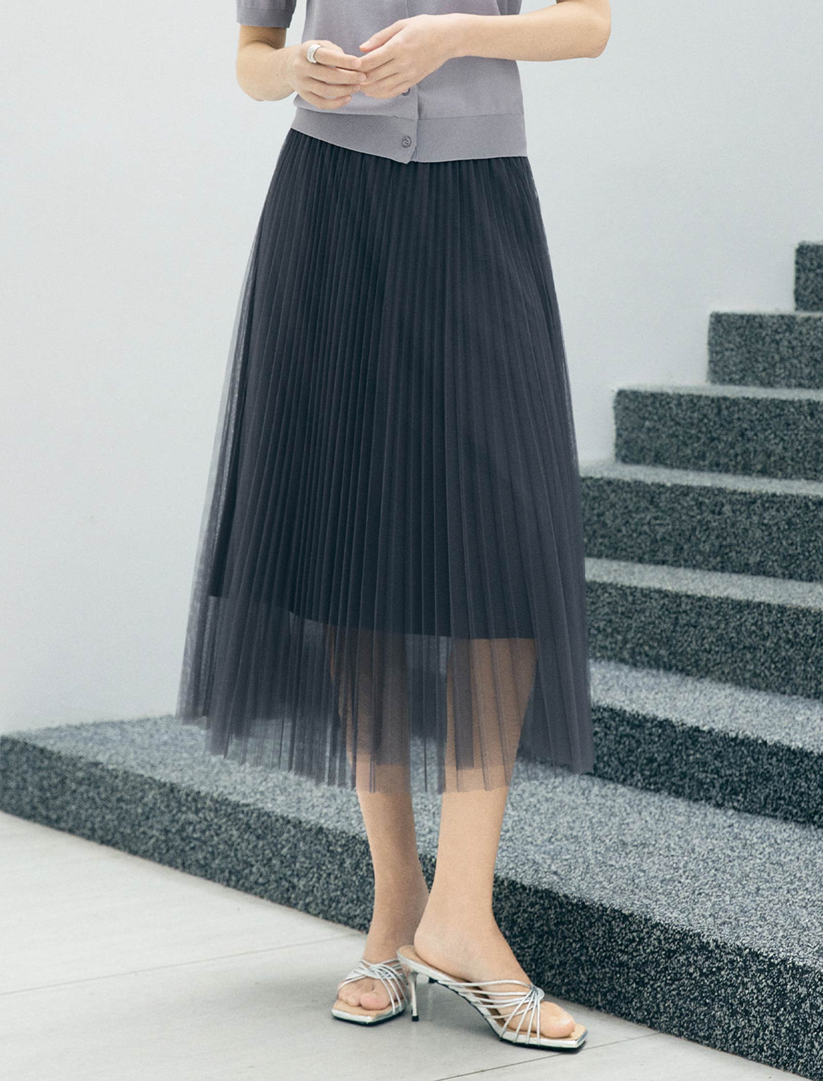 Soft Green Pleated Tulle Midi Skirt