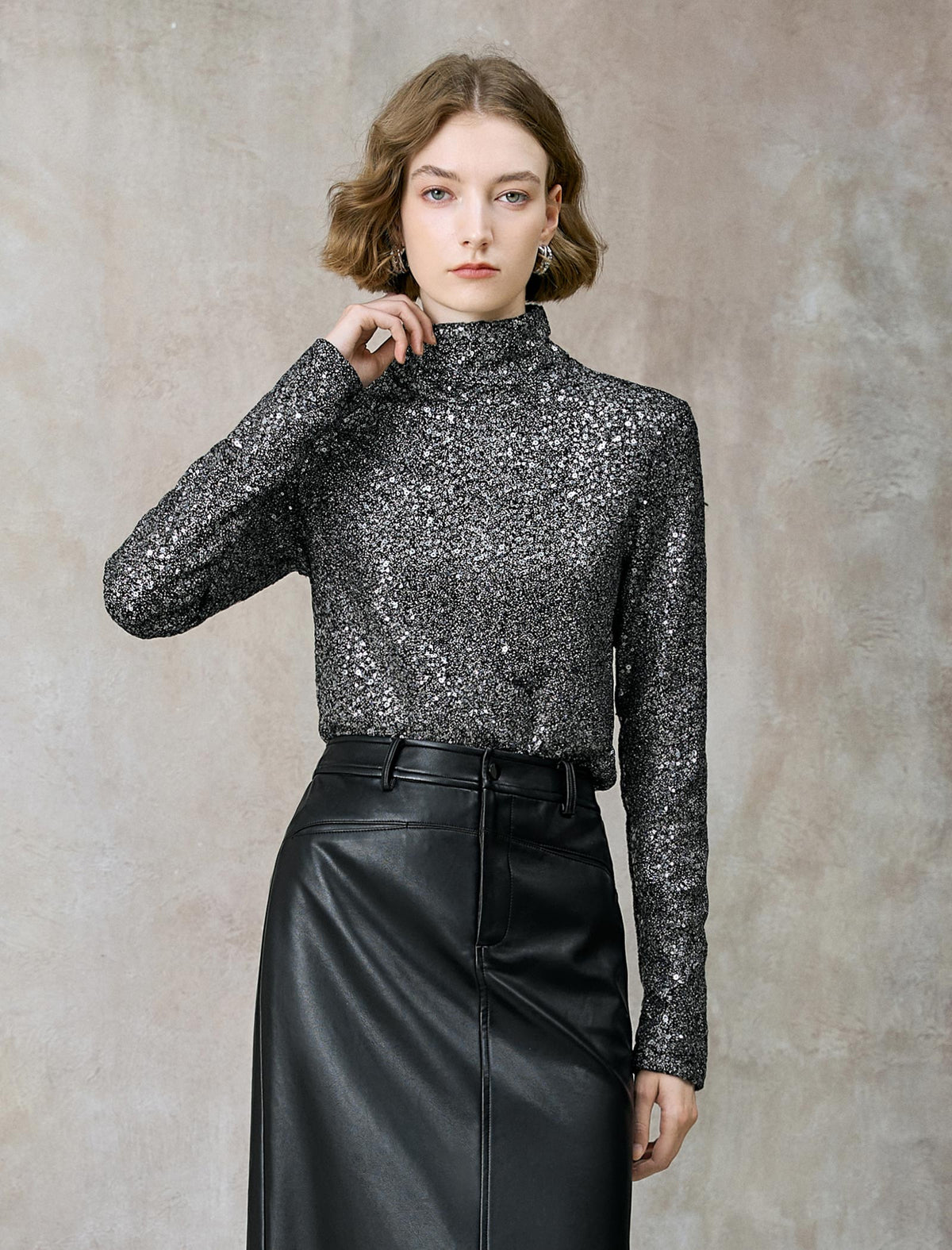 All-Over Sequin Turtleneck Long-Sleeve Top