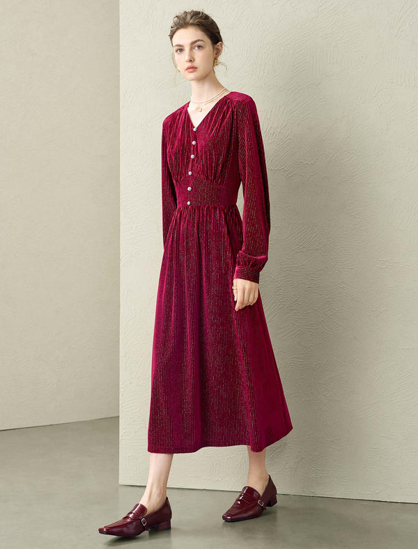 Velvet V-Neck Waist-Defining Elegant Midi Dress