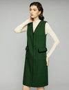 Wool Blend Contrast-Trim V-Neck Pocket Sleeveless Midi Dress