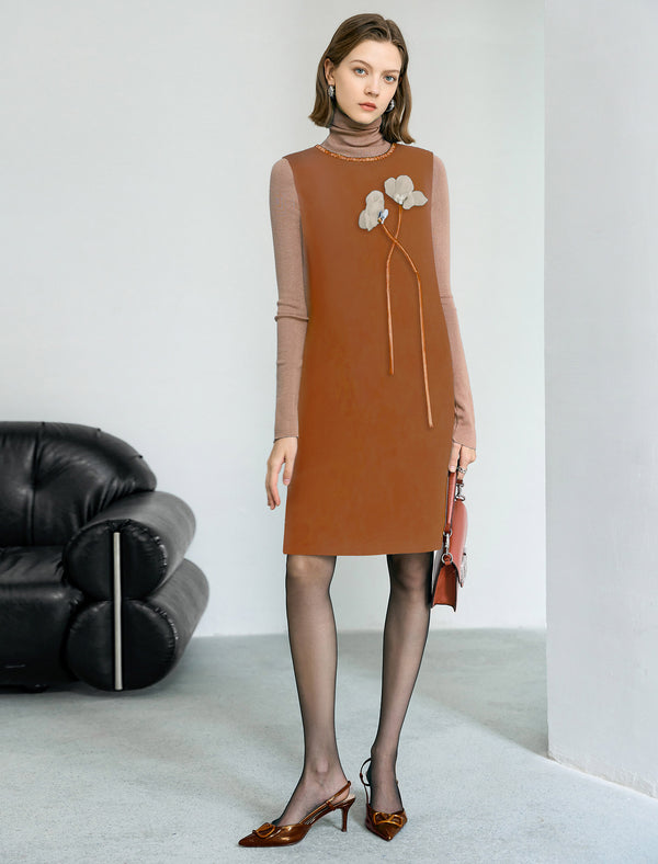 Wool Floral Detail Herringbone Sleeveless Shift Dress