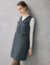 Wool Blend Shimmer V-Neck Fringe-Trim Button-Front Sleeveless Midi Dress