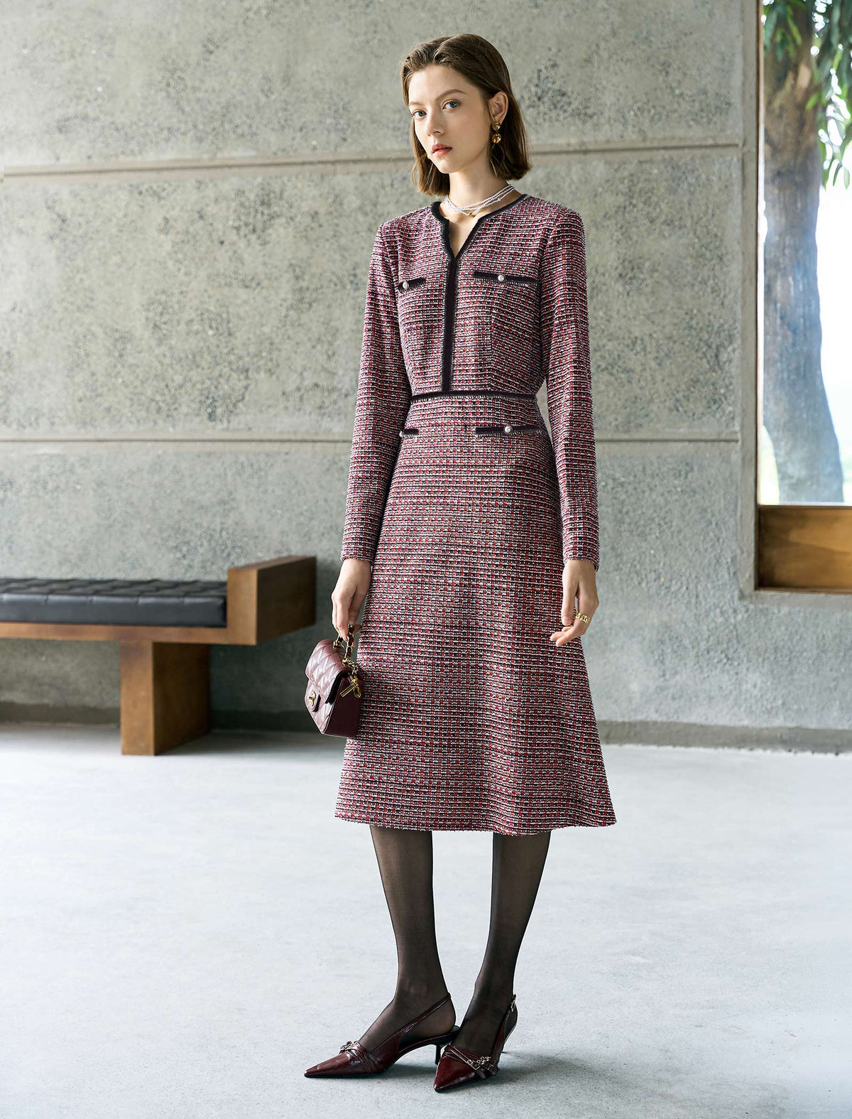 Jacquard Plaid V-Neck Long Sleeve Pearl-Button A-Line Dress