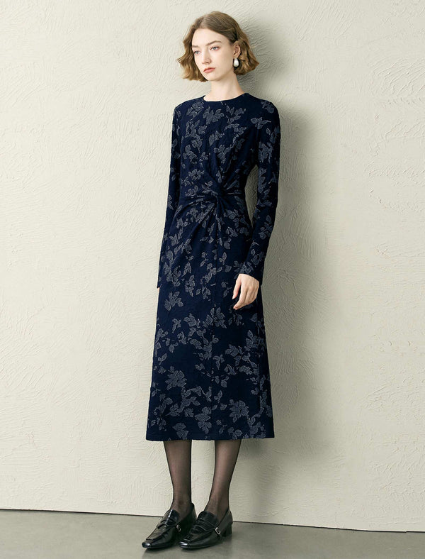Navy Floral Waist Twist Midi Dress