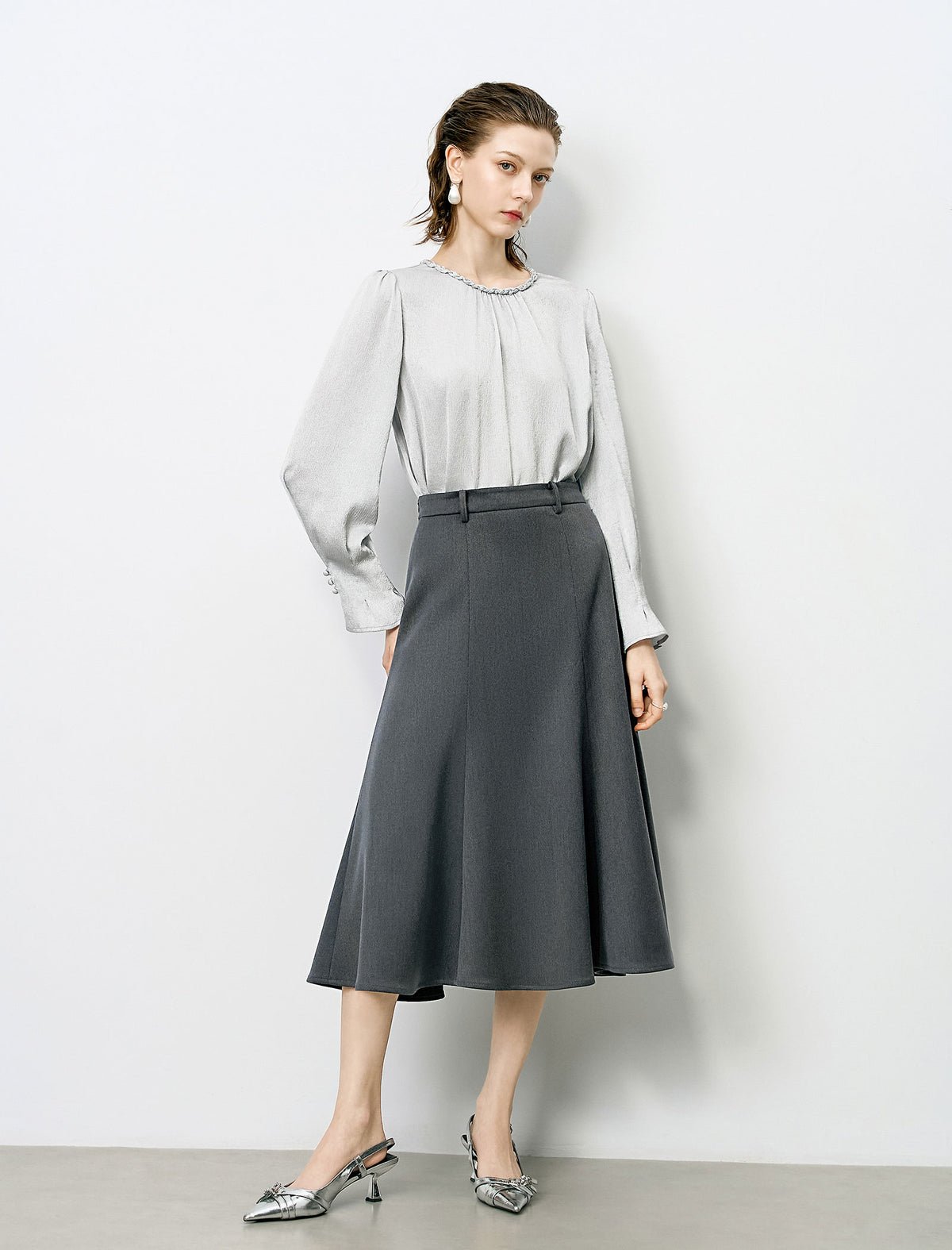 High Waist Grey Flared Midi A-Line Skirt