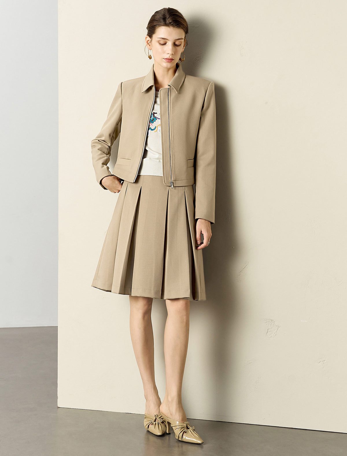 Camel Pleated A-Line Skirt