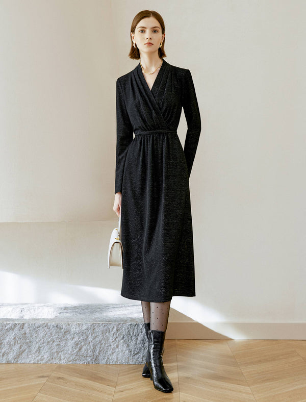 Glitter V-Neck Wrap Midi Dress