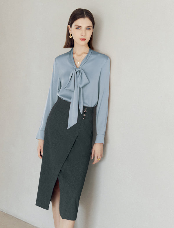 Mulberry Silk Bow Tie V-Neck Shirt