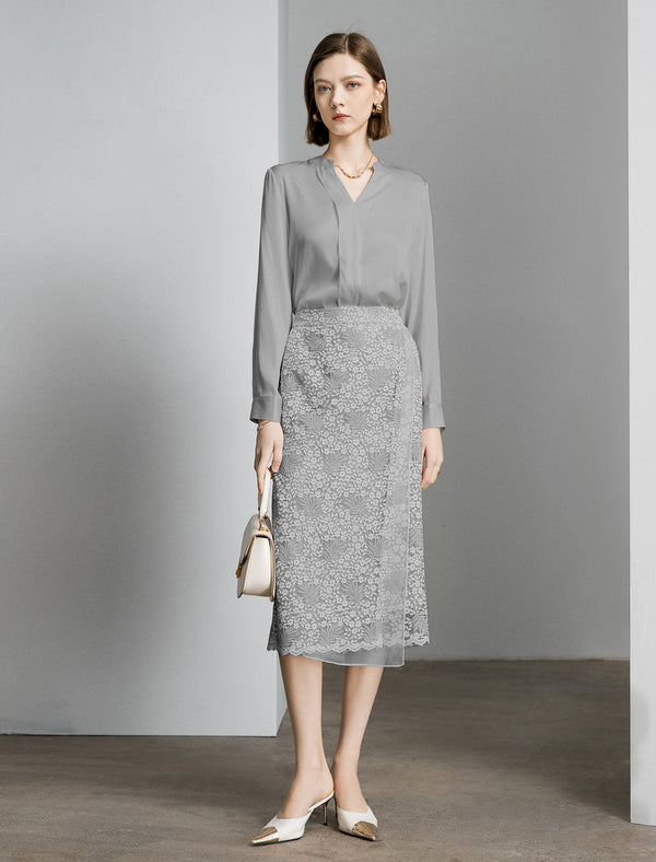 Mulberry Silk V-Neck Long Sleeve Blouse