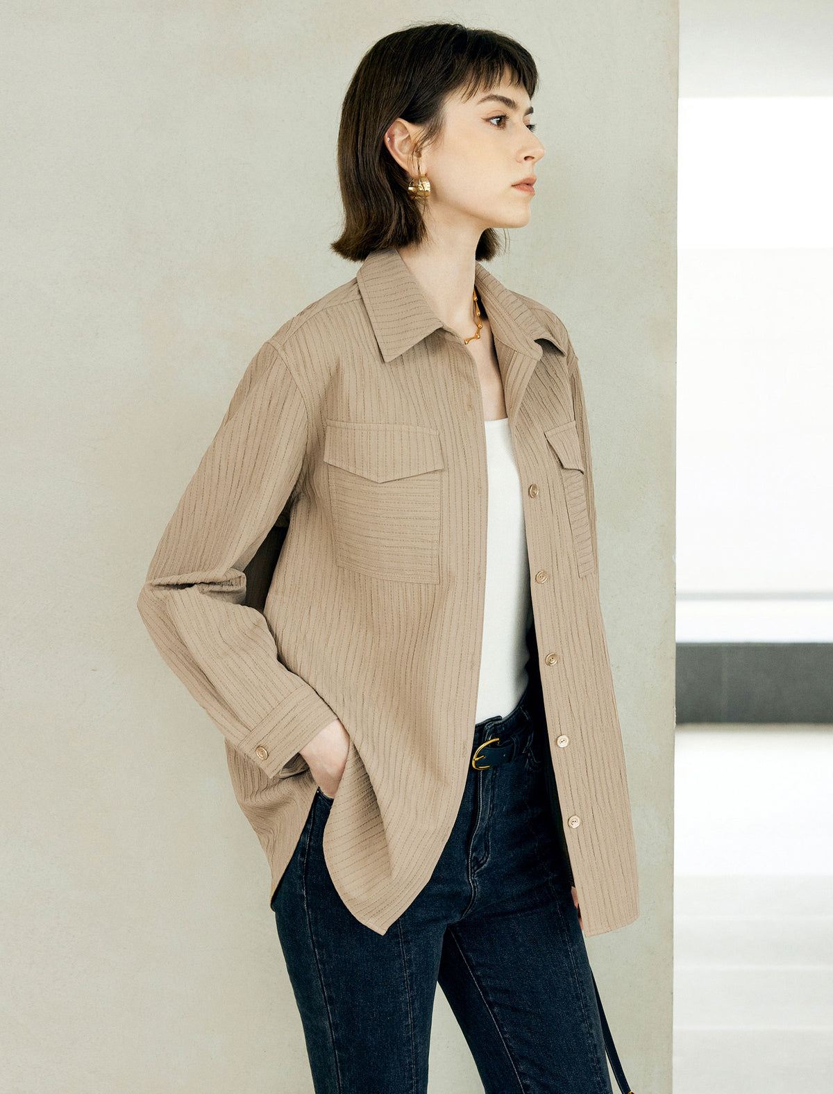 Vertical Textured Dual Chest Pocket Oversized Button Down Shirt