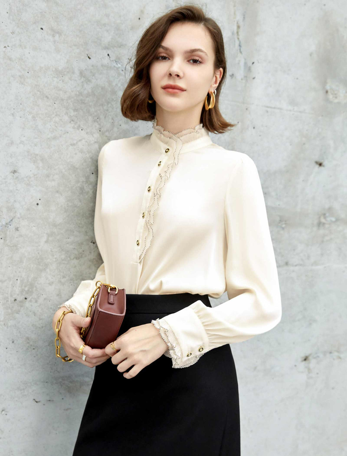 Lace Trim Mandarin Collar Blouse