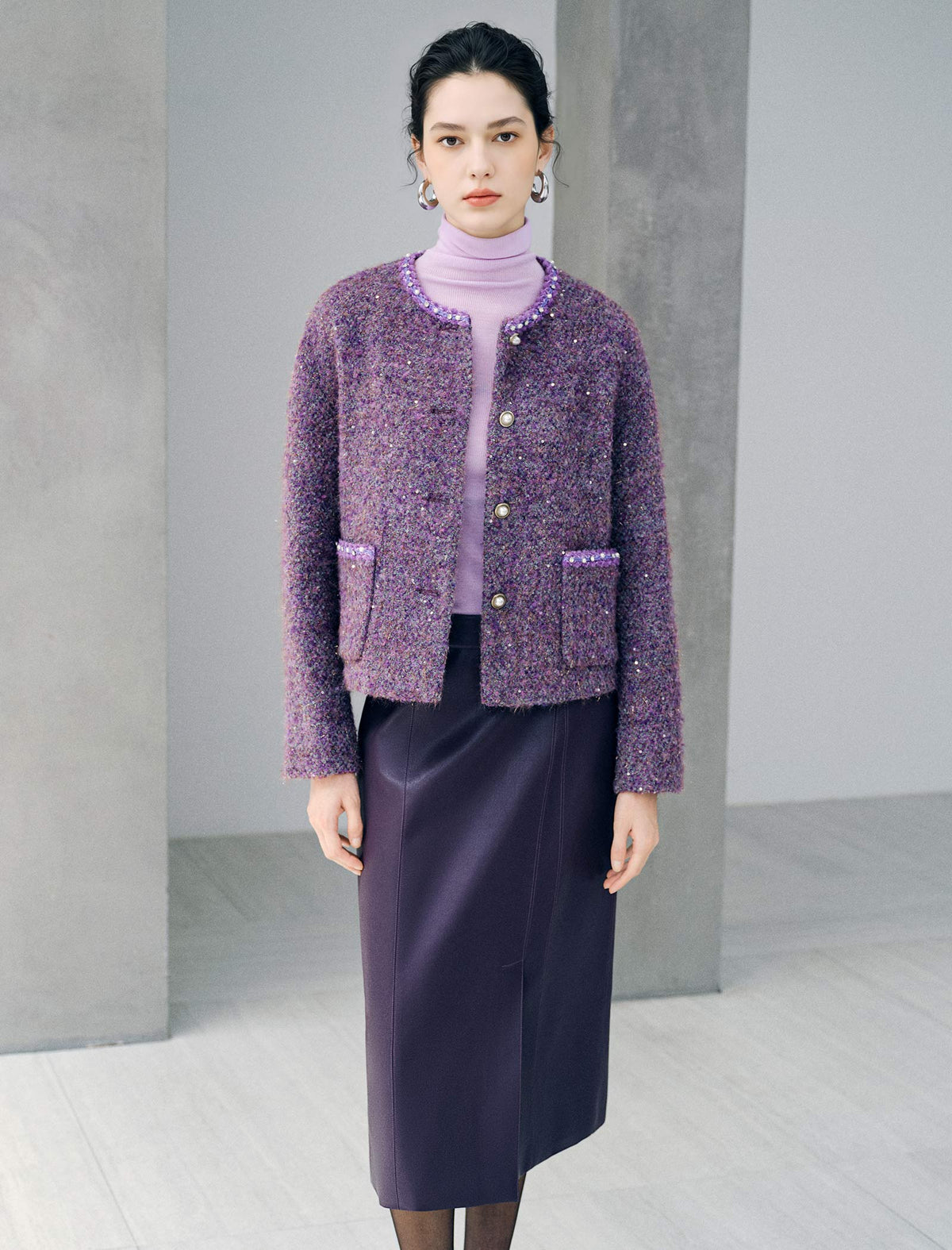 Sequin Textured Pearl Trim Round Neck Jacket