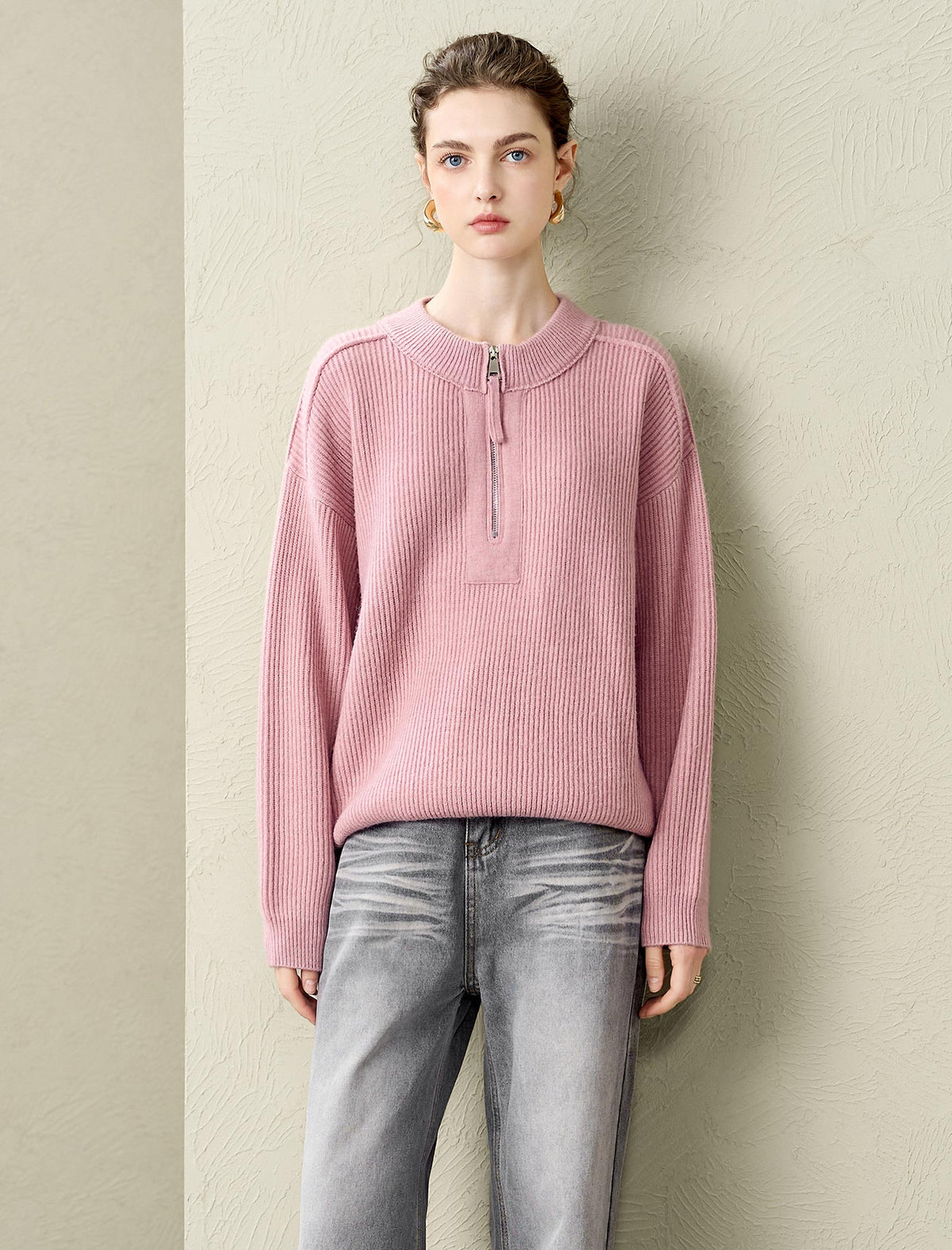 Half-Zip 100% Wool Ribbed Sweater