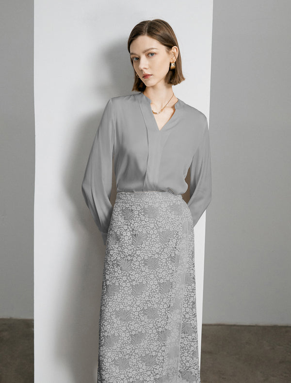 Mulberry Silk V-Neck Long Sleeve Blouse