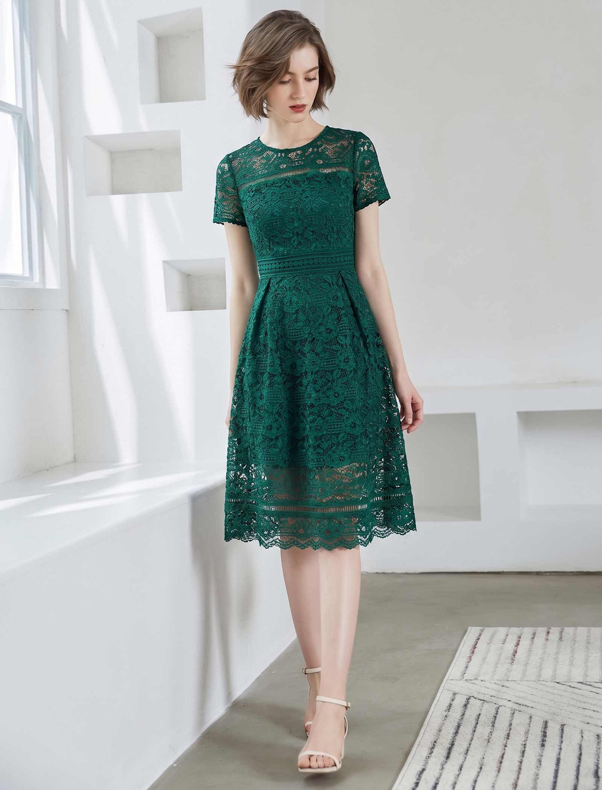 Vintage Lace Waist-Cinched Ruffle Dress