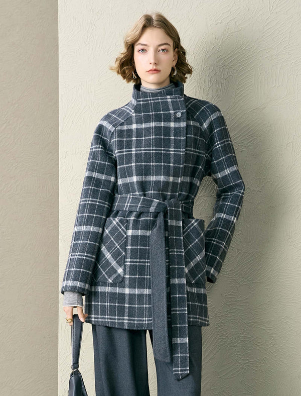 Grey Plaid Wool-Blend Self-Belt Coat