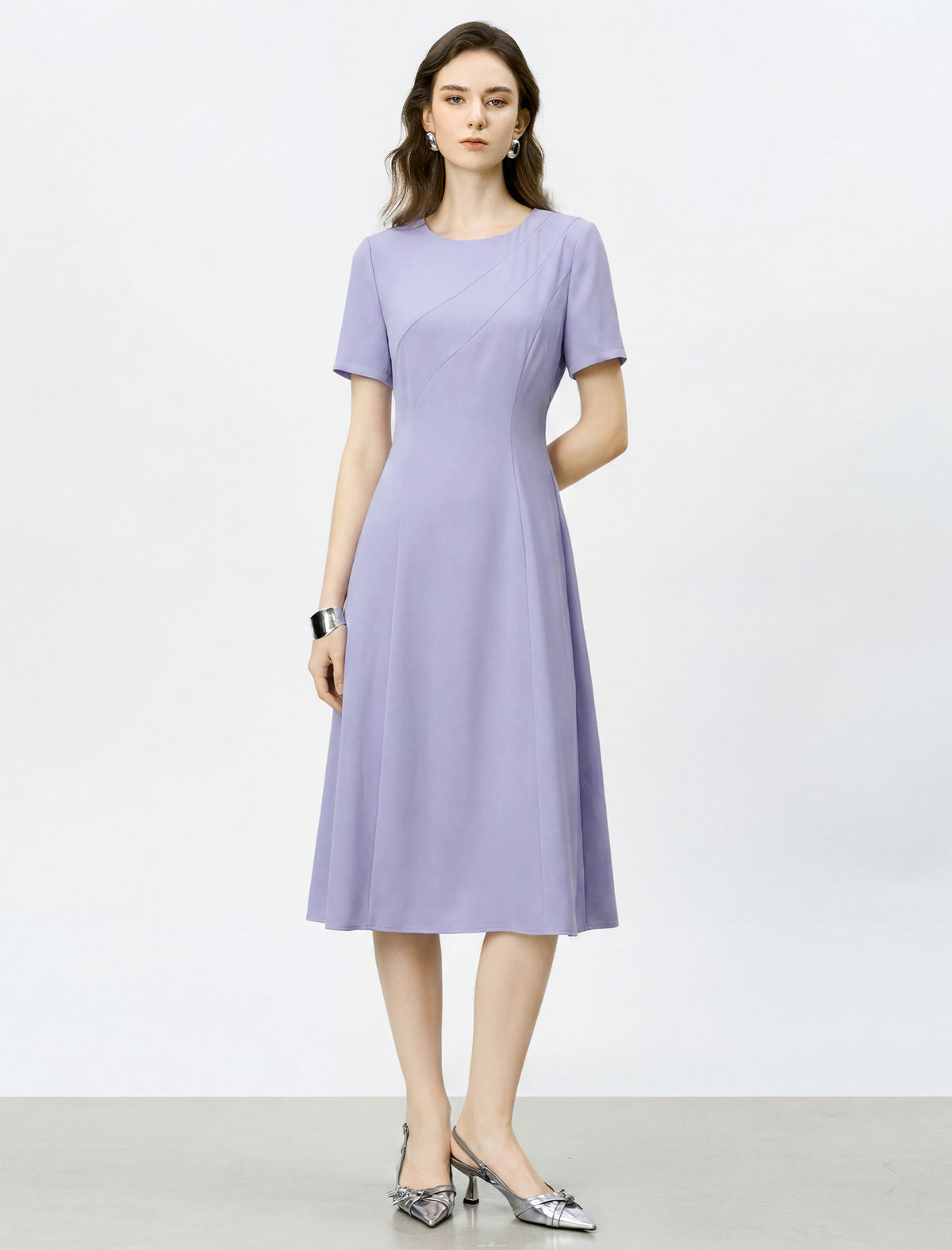 Lavender Seamed Short Sleeve Fit And Flare Midi Dress