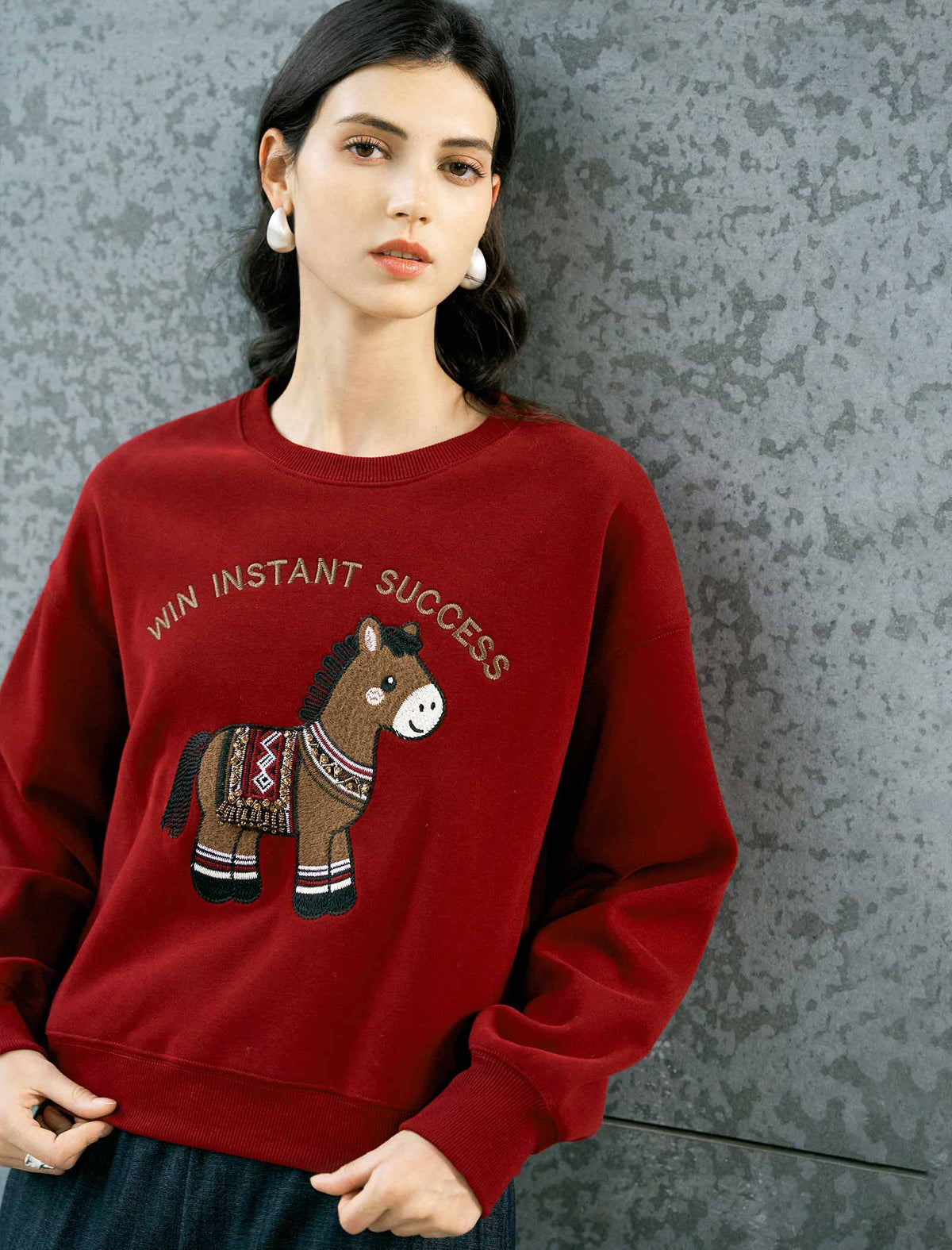 Cartoon‑Pony Embroidered Crew‑Neck Sweatshirt