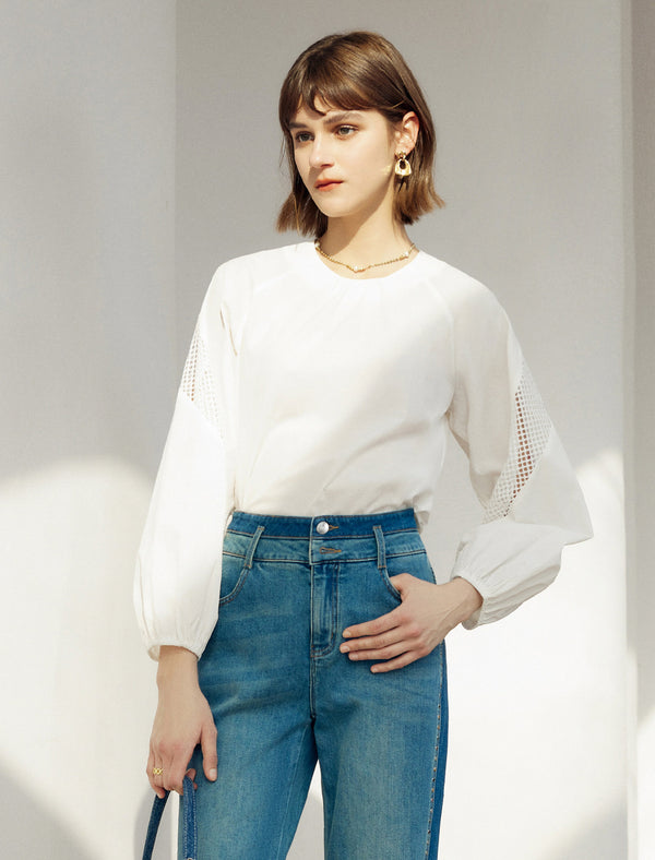 Mesh Detail Round Neck Puff Sleeve Blouse