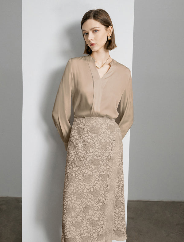 Mulberry Silk V-Neck Long Sleeve Blouse