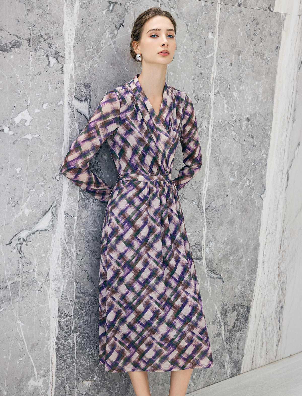 Watercolor Plaid Wrap V-Neck Belted Midi Dress